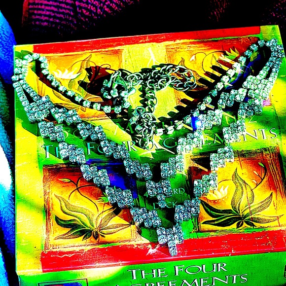 Rhinestone necklace bib style vtg angular geometric HTF clear design Silvertone - Picture 4 of 10